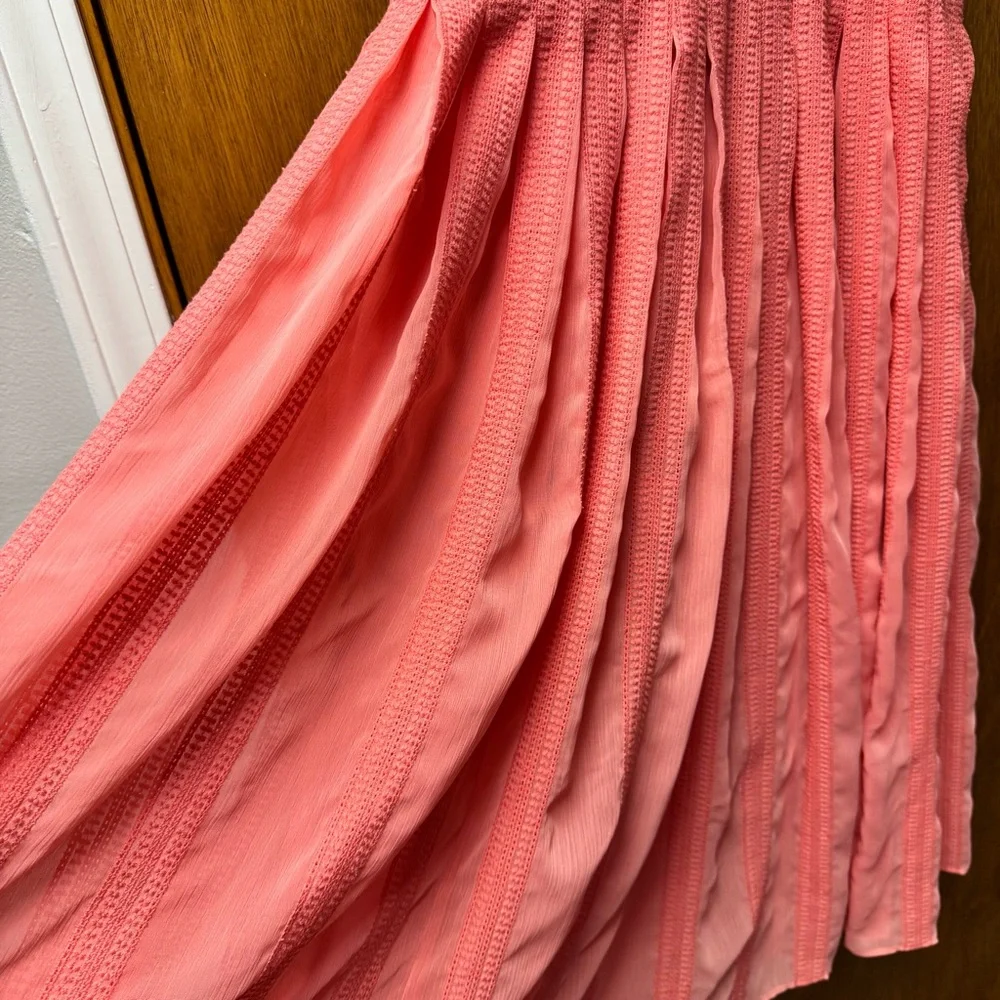 J. Crew Embroidered Flowy Chiffon Short Sleeve Pleated Skirt Midi Dress Pink 6